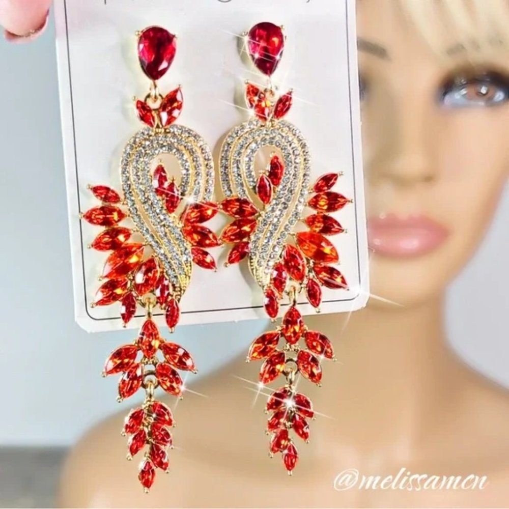 Red Crystal Chandelier Statement Earrings Formal, Bridal, Party, Pageant